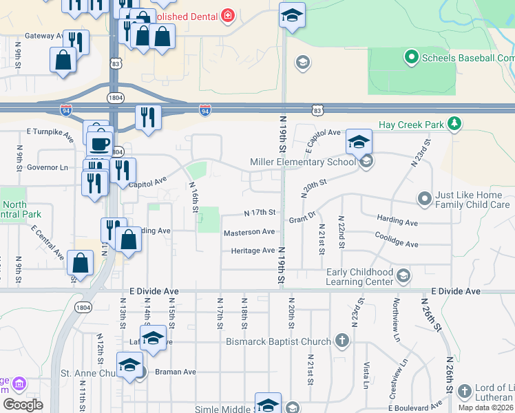 map of restaurants, bars, coffee shops, grocery stores, and more near 1816 Longley Avenue in Bismarck
