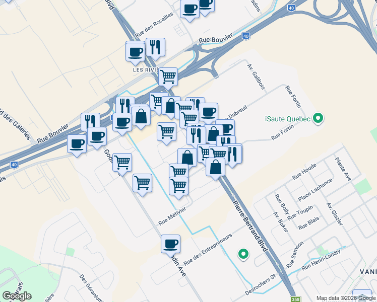 map of restaurants, bars, coffee shops, grocery stores, and more near Boulevard Pierre-Bertrand in Québec City