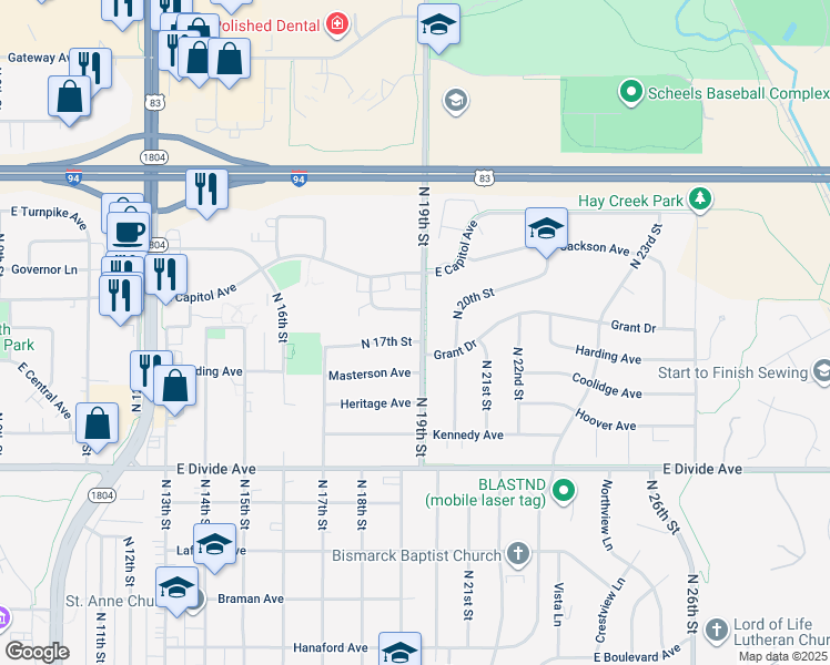 map of restaurants, bars, coffee shops, grocery stores, and more near 1916 North 19th Street in Bismarck