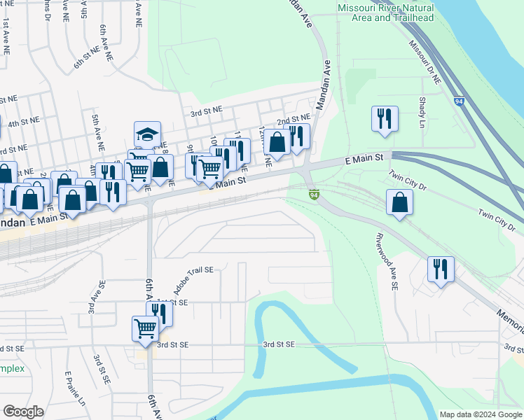 map of restaurants, bars, coffee shops, grocery stores, and more near 1400 North Frontier Trail in Mandan