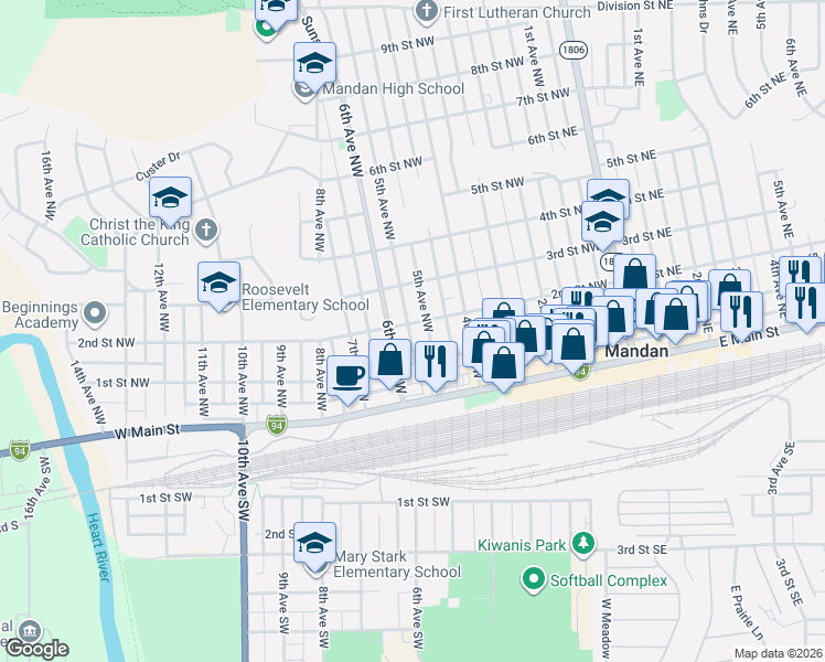 map of restaurants, bars, coffee shops, grocery stores, and more near 208 6th Avenue Northwest in Mandan
