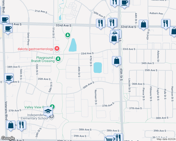map of restaurants, bars, coffee shops, grocery stores, and more near 3548 47th Street South in Fargo