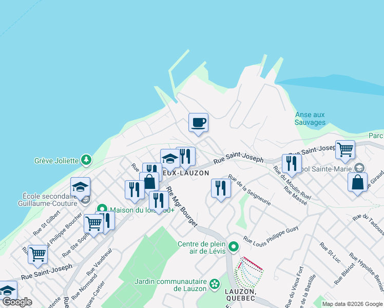 map of restaurants, bars, coffee shops, grocery stores, and more near 212 Rue Saint-Narcisse in Lévis