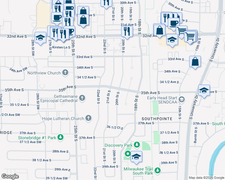 map of restaurants, bars, coffee shops, grocery stores, and more near 3508 21st St S in Fargo
