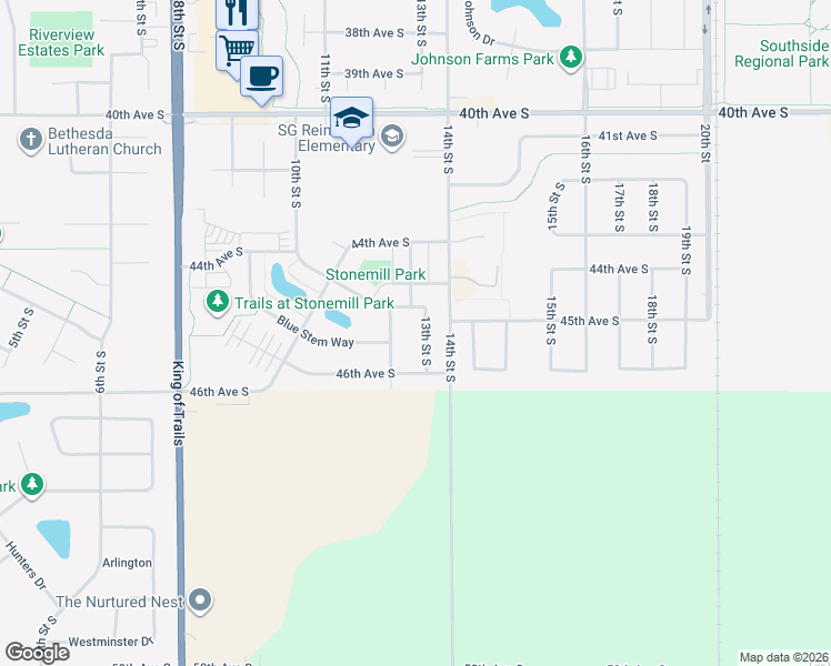 map of restaurants, bars, coffee shops, grocery stores, and more near 4573 13th Street South in Moorhead