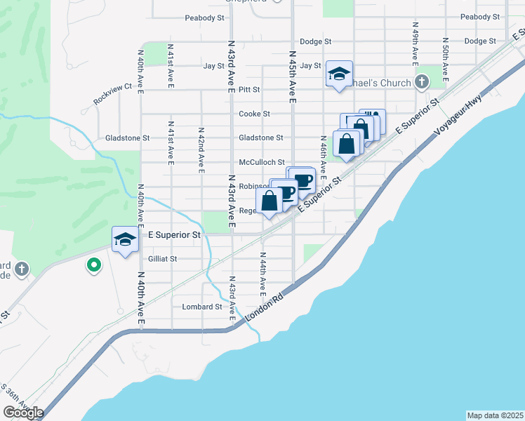 map of restaurants, bars, coffee shops, grocery stores, and more near 501 North 44th Avenue East in Duluth
