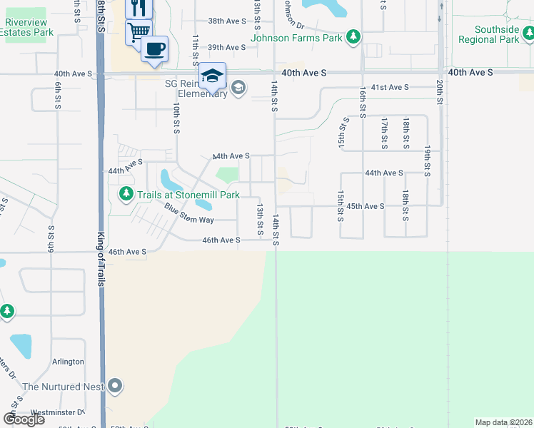 map of restaurants, bars, coffee shops, grocery stores, and more near 4569 14th Street South in Moorhead