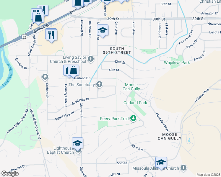 map of restaurants, bars, coffee shops, grocery stores, and more near 2408 Southhills Drive in Missoula