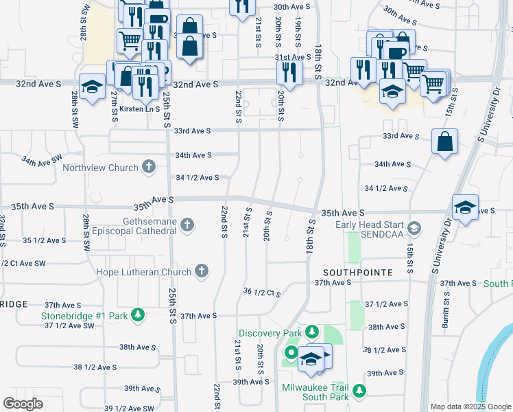 map of restaurants, bars, coffee shops, grocery stores, and more near 3508 21st St S in Fargo