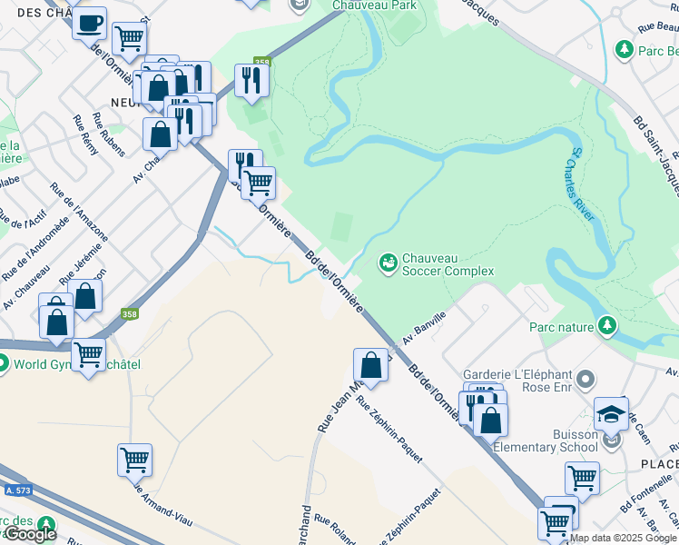 map of restaurants, bars, coffee shops, grocery stores, and more near 7640 Boulevard de l'Ormière in Ville de Québec