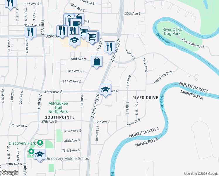 map of restaurants, bars, coffee shops, grocery stores, and more near 1195 35th Street North in Fargo