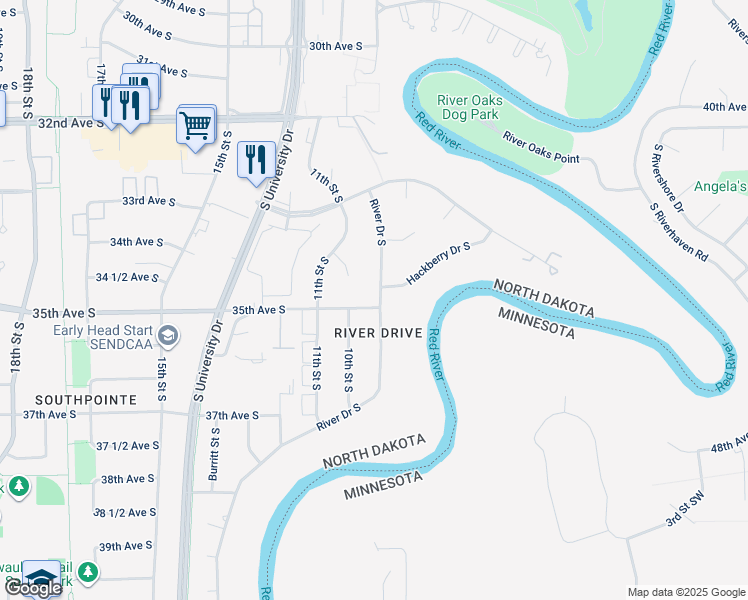 map of restaurants, bars, coffee shops, grocery stores, and more near 903 35th Avenue South in Fargo
