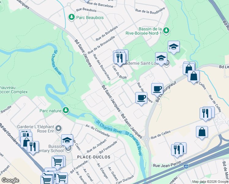 map of restaurants, bars, coffee shops, grocery stores, and more near 6370 Boulevard Saint-Jacques in Québec