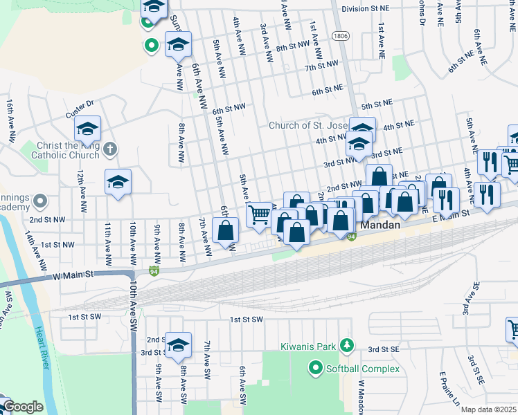 map of restaurants, bars, coffee shops, grocery stores, and more near 210 5th Avenue Northwest in Mandan