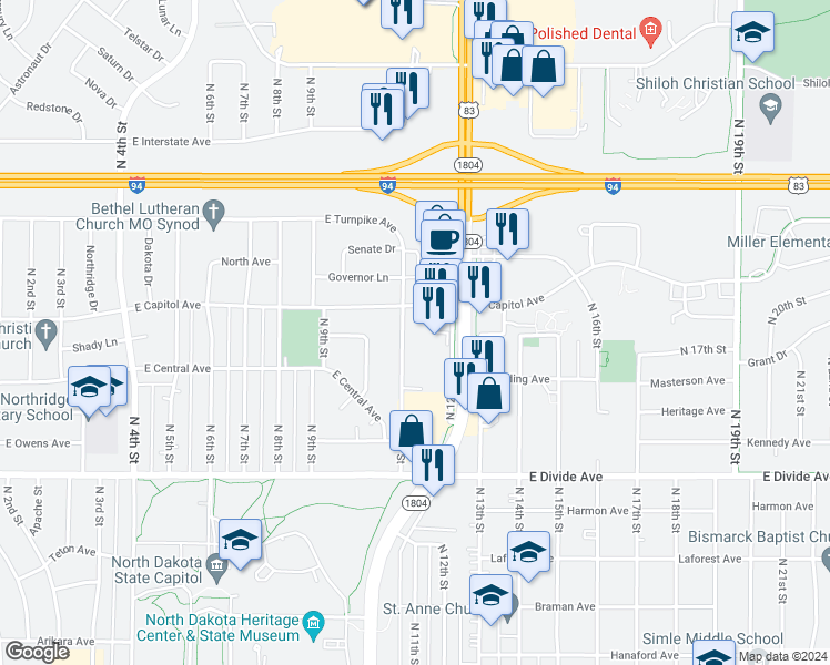 map of restaurants, bars, coffee shops, grocery stores, and more near 1921 North 11th Street in Bismarck