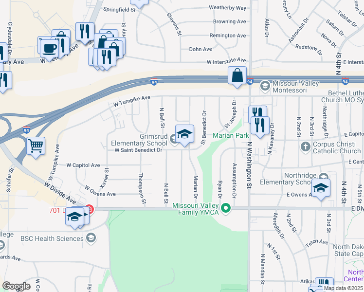map of restaurants, bars, coffee shops, grocery stores, and more near 716 West Saint Benedict Drive in Bismarck