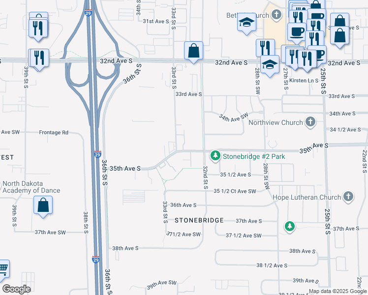 map of restaurants, bars, coffee shops, grocery stores, and more near 3235 35th Avenue South in Fargo