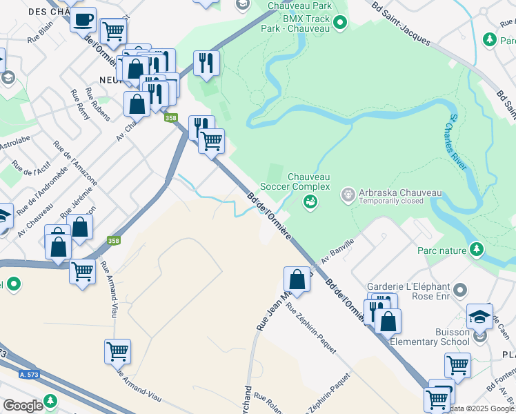 map of restaurants, bars, coffee shops, grocery stores, and more near 7715 Boulevard de l'Ormière in Québec