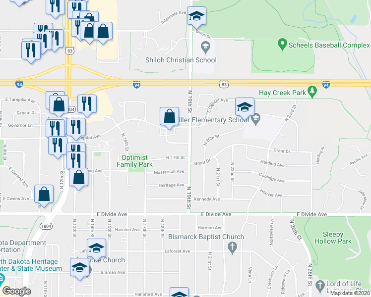 map of restaurants, bars, coffee shops, grocery stores, and more near 1916 North 19th Street in Bismarck