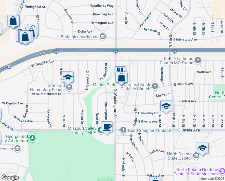 map of restaurants, bars, coffee shops, grocery stores, and more near 1912 North Washington Street in Bismarck