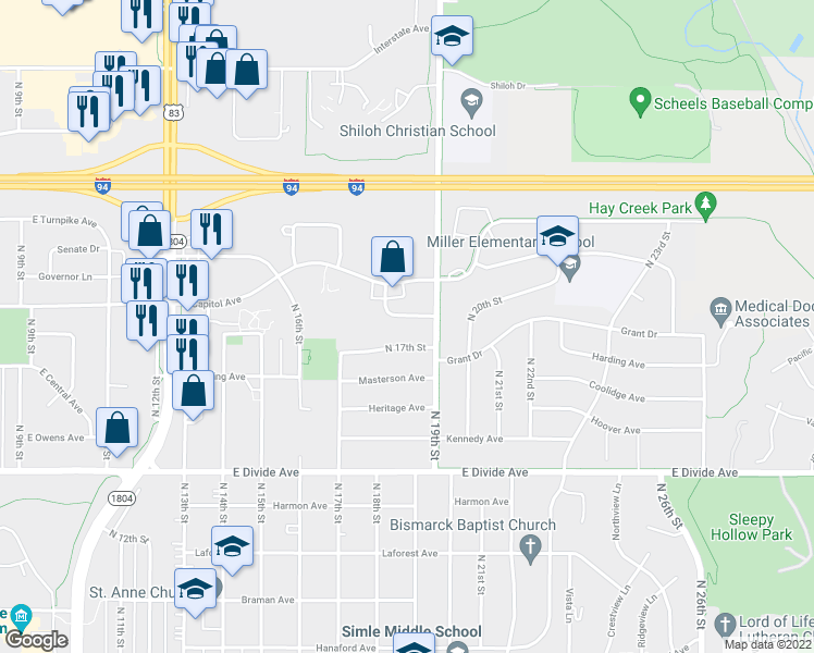 map of restaurants, bars, coffee shops, grocery stores, and more near 1831 Allison Drive in Bismarck
