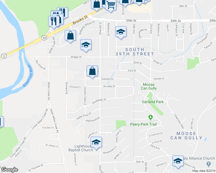 map of restaurants, bars, coffee shops, grocery stores, and more near 4800 Arcadia Court in Missoula