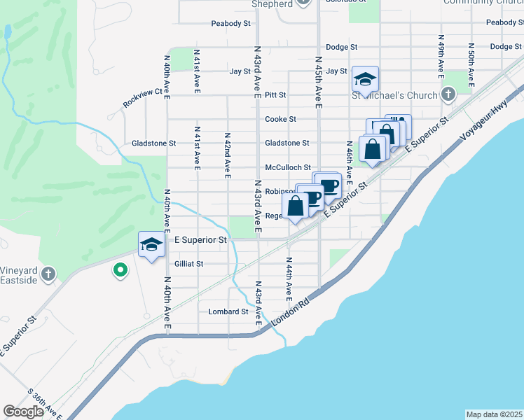 map of restaurants, bars, coffee shops, grocery stores, and more near 4301 Regent Street in Duluth