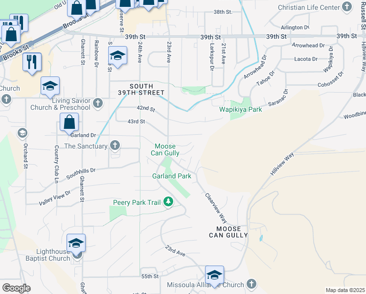 map of restaurants, bars, coffee shops, grocery stores, and more near 2200 Garland Drive in Missoula