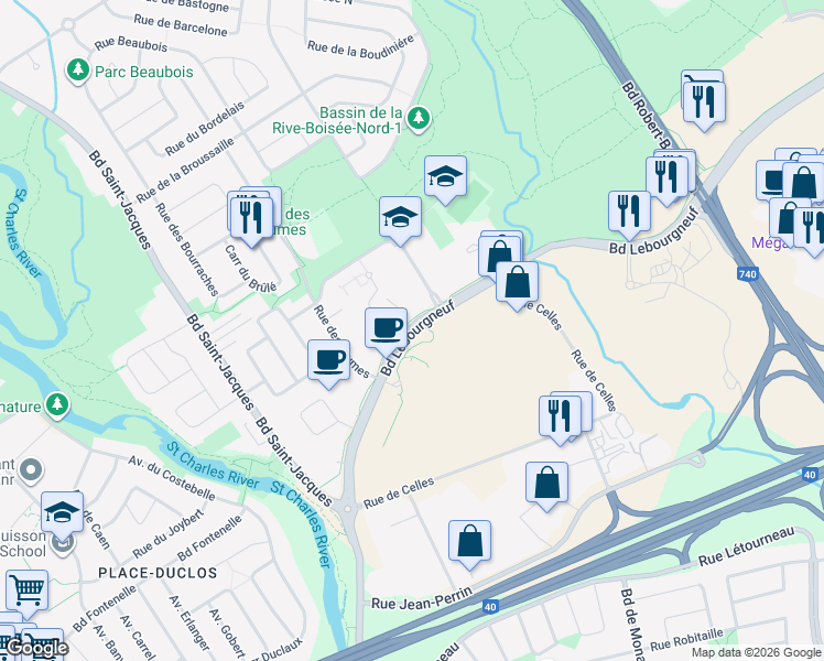map of restaurants, bars, coffee shops, grocery stores, and more near 2540 Boulevard Lebourgneuf in Quebec