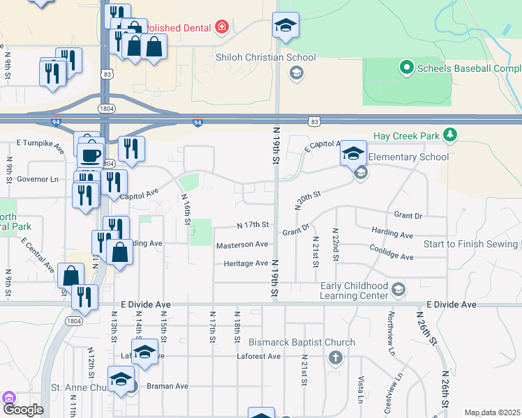 map of restaurants, bars, coffee shops, grocery stores, and more near 1839 Allison Drive in Bismarck