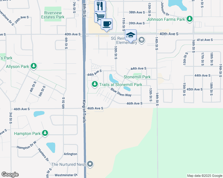 map of restaurants, bars, coffee shops, grocery stores, and more near 4571 Blue Stem Way in Moorhead
