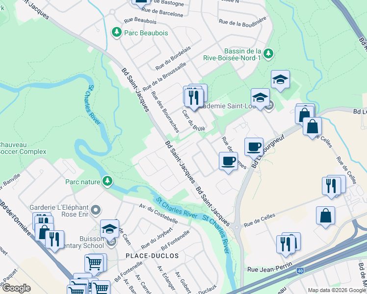 map of restaurants, bars, coffee shops, grocery stores, and more near 6440 Boulevard Saint-Jacques in Québec