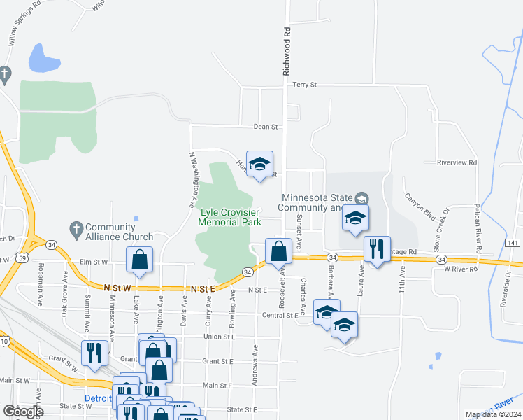 map of restaurants, bars, coffee shops, grocery stores, and more near Cherry Ridge Drive in Detroit Lakes