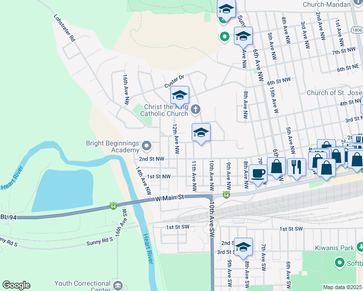 map of restaurants, bars, coffee shops, grocery stores, and more near 310 12th Avenue Northwest in Mandan