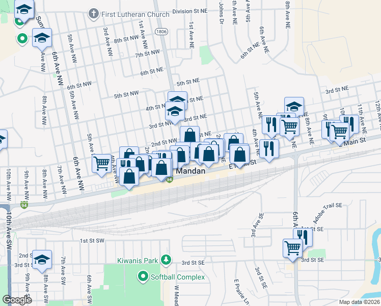 map of restaurants, bars, coffee shops, grocery stores, and more near in Mandan