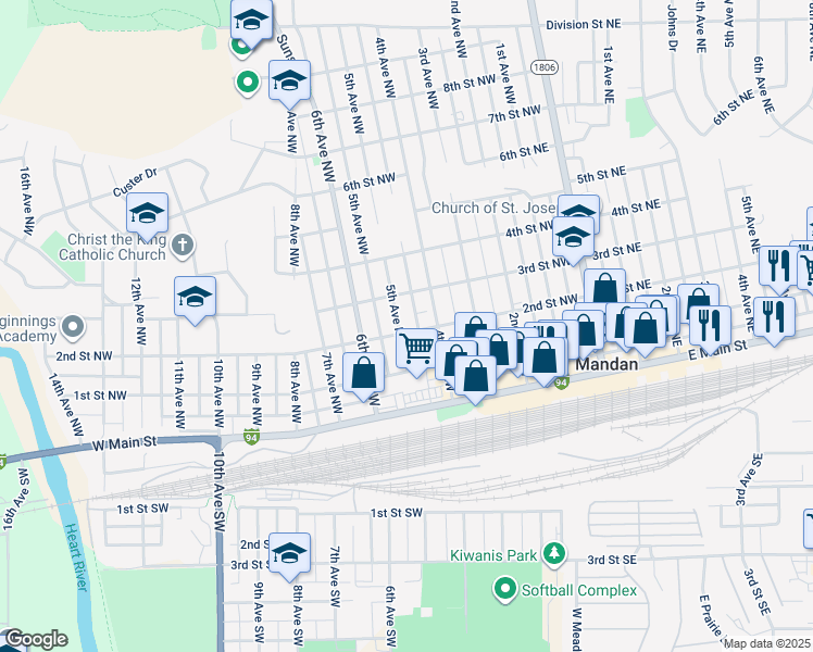 map of restaurants, bars, coffee shops, grocery stores, and more near 210 5th Avenue Northwest in Mandan