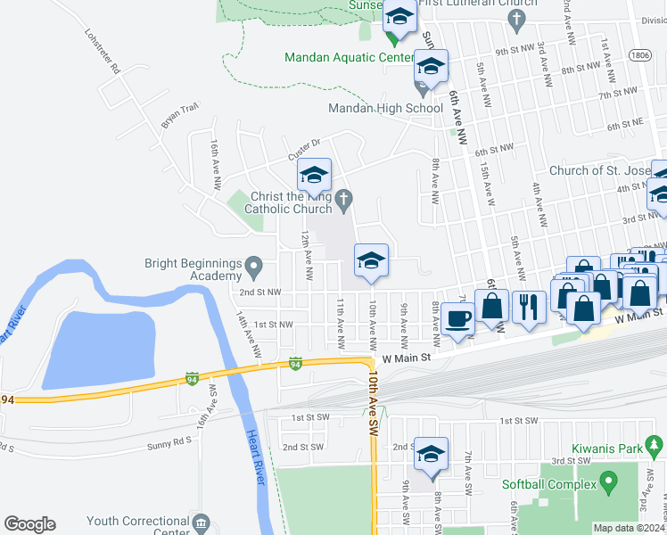 map of restaurants, bars, coffee shops, grocery stores, and more near 301 11th Avenue Northwest in Mandan