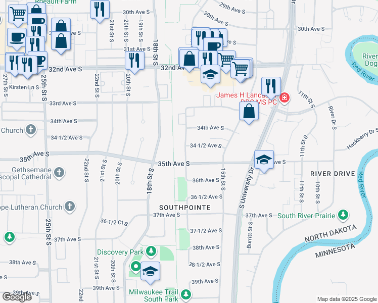 map of restaurants, bars, coffee shops, grocery stores, and more near 1614 35th Avenue South in Fargo