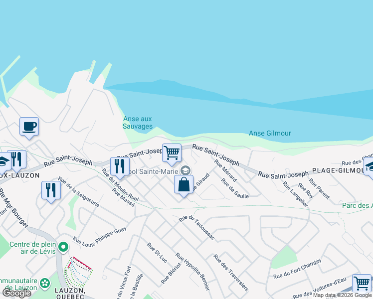 map of restaurants, bars, coffee shops, grocery stores, and more near 518 Rue Saint-Joseph in Lévis