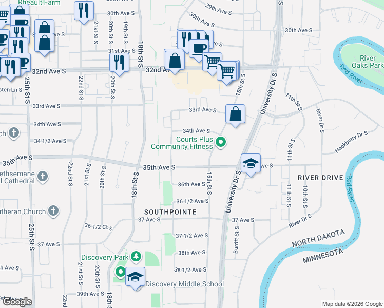 map of restaurants, bars, coffee shops, grocery stores, and more near 1527 34 1/2 Avenue South in Fargo