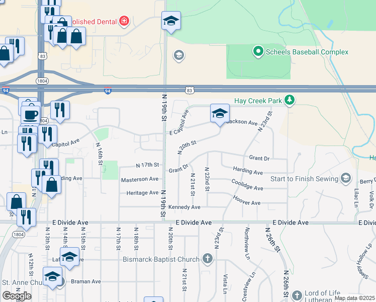 map of restaurants, bars, coffee shops, grocery stores, and more near 1913 East Capitol Avenue in Bismarck