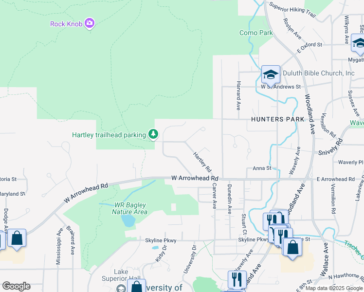 map of restaurants, bars, coffee shops, grocery stores, and more near 2001 Hartley Road in Duluth