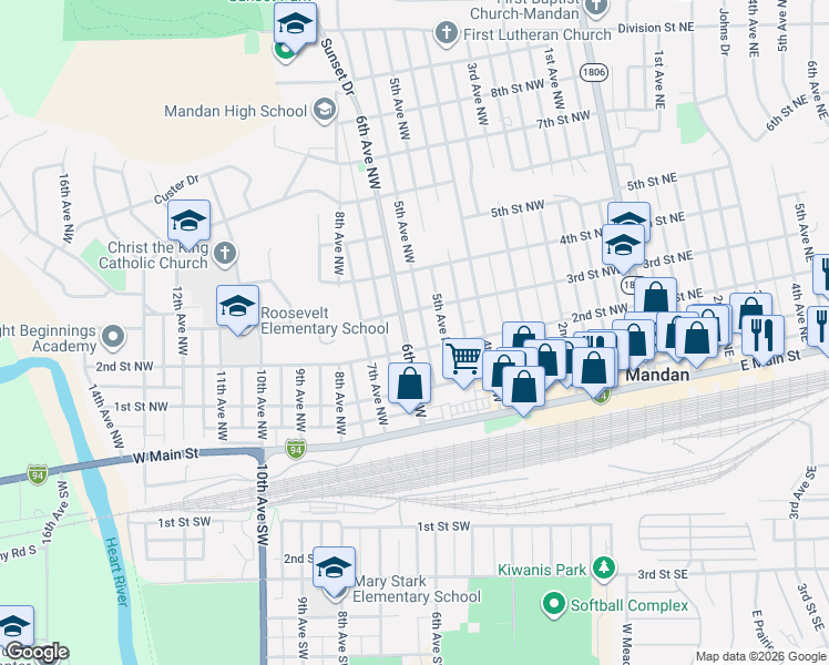 map of restaurants, bars, coffee shops, grocery stores, and more near 304 6th Avenue Northwest in Mandan
