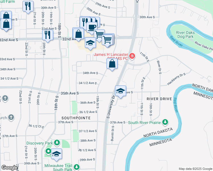 map of restaurants, bars, coffee shops, grocery stores, and more near 3434 15th Street South in Fargo