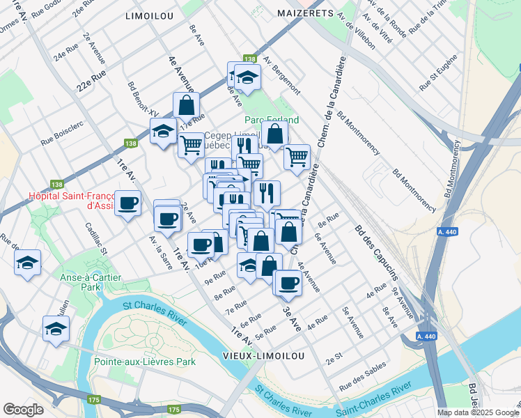 map of restaurants, bars, coffee shops, grocery stores, and more near 394 11e Rue in Québec City