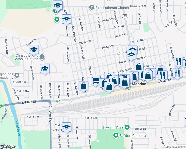 map of restaurants, bars, coffee shops, grocery stores, and more near 510 2nd Street Northwest in Mandan