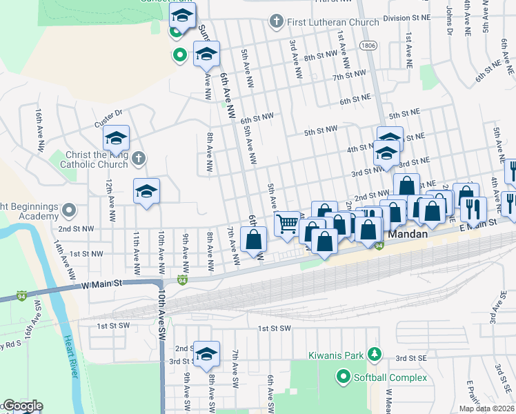 map of restaurants, bars, coffee shops, grocery stores, and more near 608 3rd Street Northwest in Mandan