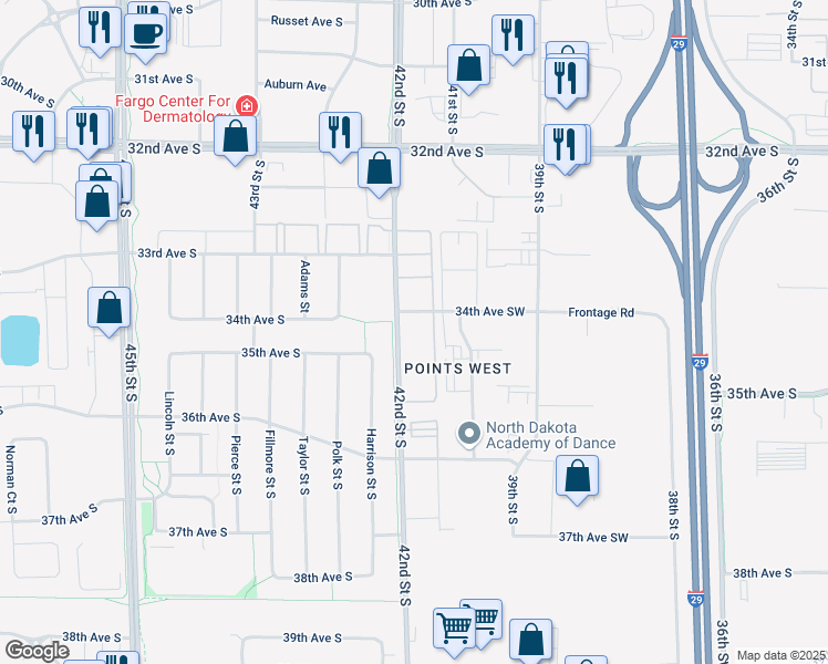 map of restaurants, bars, coffee shops, grocery stores, and more near 3420 42nd Street South in Fargo