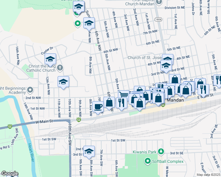 map of restaurants, bars, coffee shops, grocery stores, and more near 304 6th Avenue Northwest in Mandan