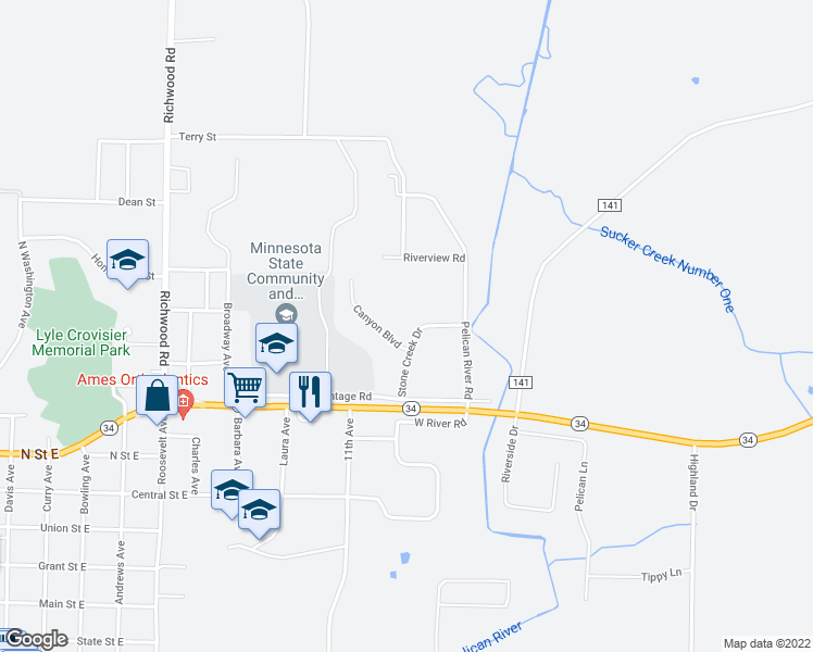 map of restaurants, bars, coffee shops, grocery stores, and more near 238 Stone Creek Drive in Detroit Lakes